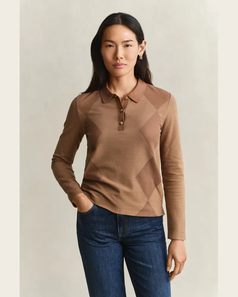 Gant Damen Argyle Langarm-Poloshirt CARAMEL Braun Caramel