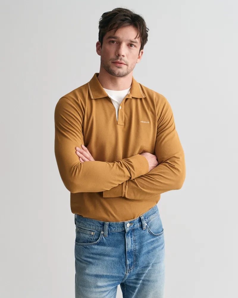 Gant Herren Langarm-Poloshirt mit strukturiertem Kragen 