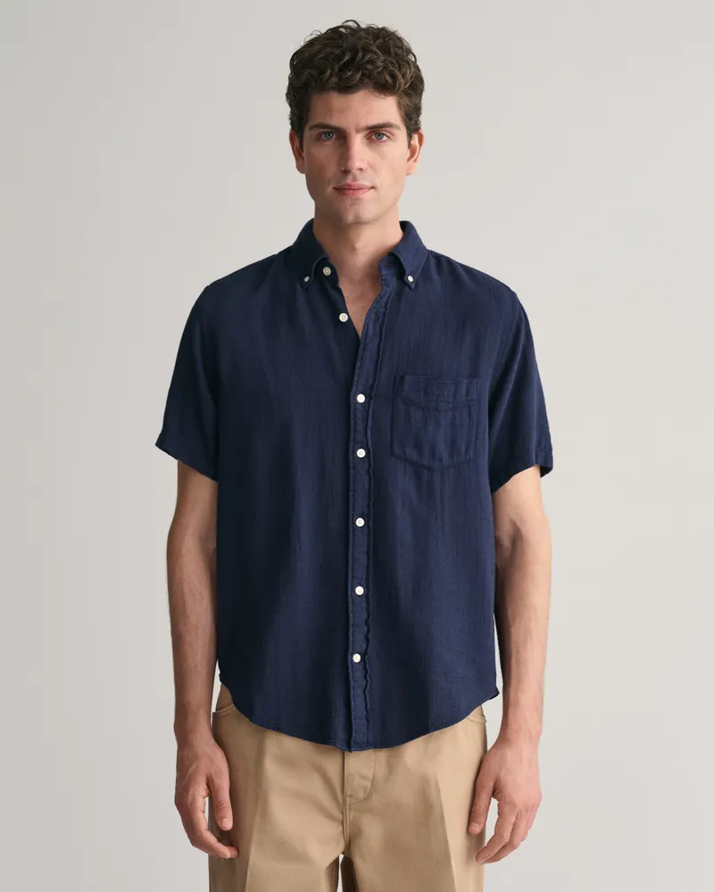 Gant Herren Regular Fit Baumwoll Leinen Kurzarmhemd mit Struktur 