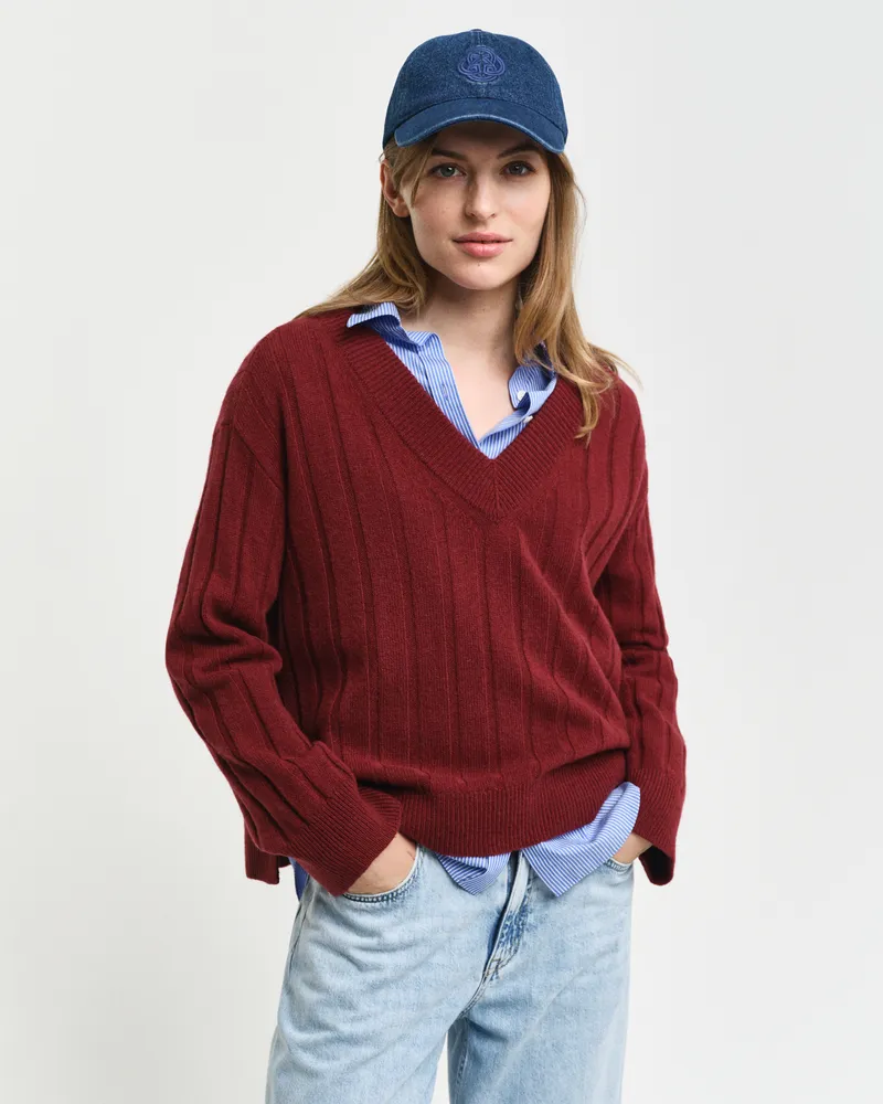 Gant Damen Breit gerippter V-Neck Wollpullover 
