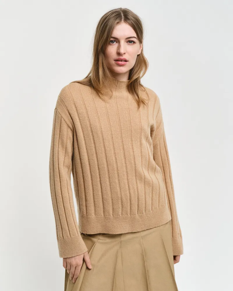 Gant Damen Breit gerippter Wollpullover mit Stehkragen 