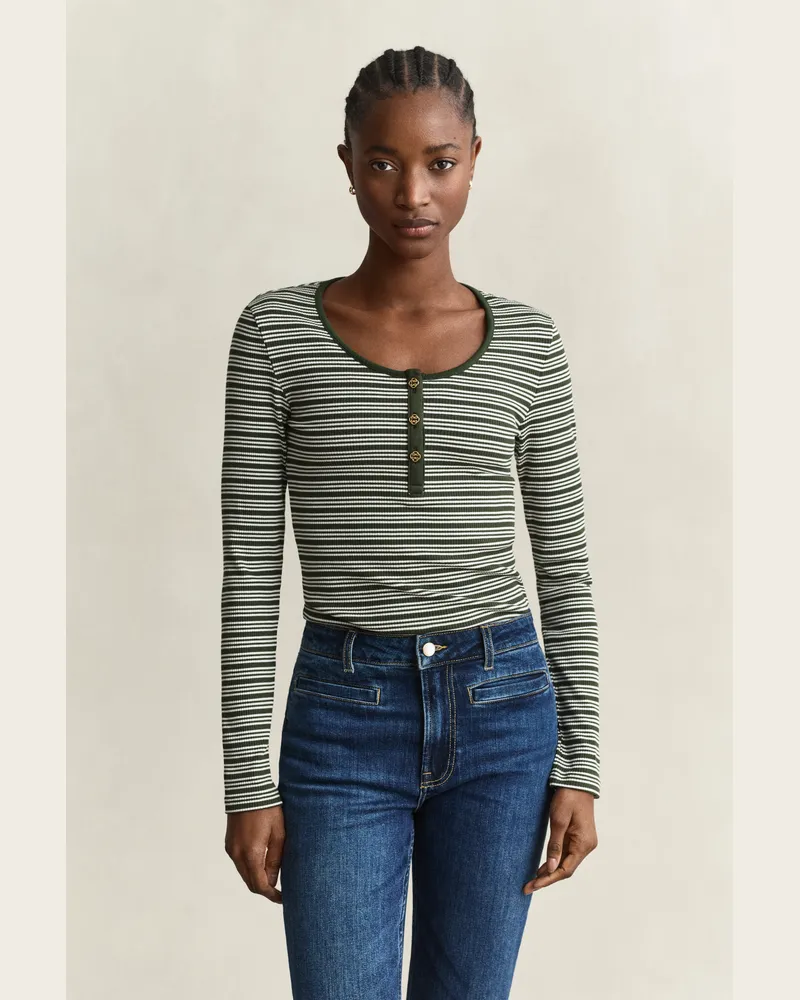 Gant Damen Geripptes langärmliges Henley-Shirt MOSSY Grün Mossy