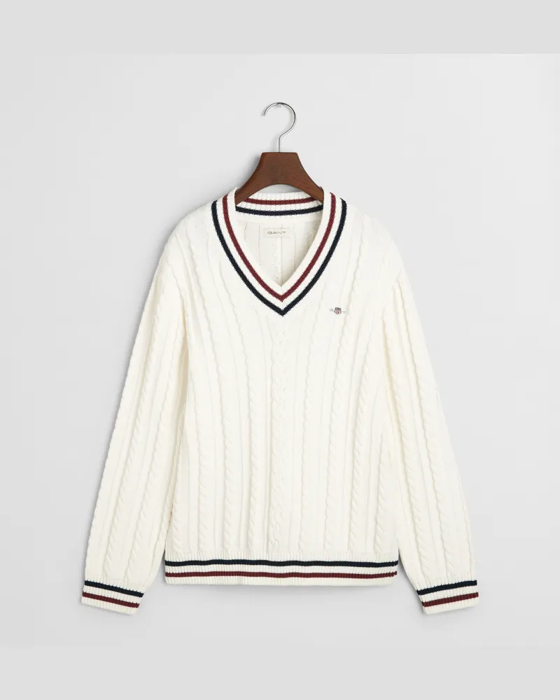 Gant Teens Teens Zopfstrick V-Neck Pullover mit Streifen 