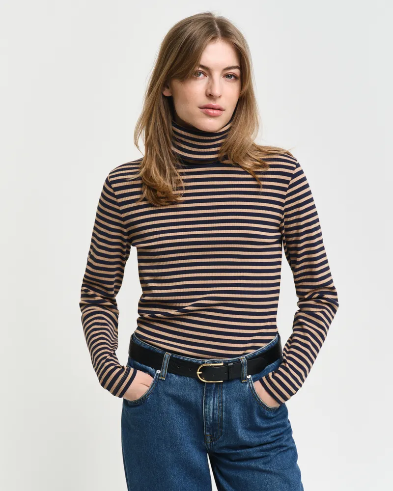 Gant Damen Geripptes Langarm-Rollkragenshirt mit Streifen 