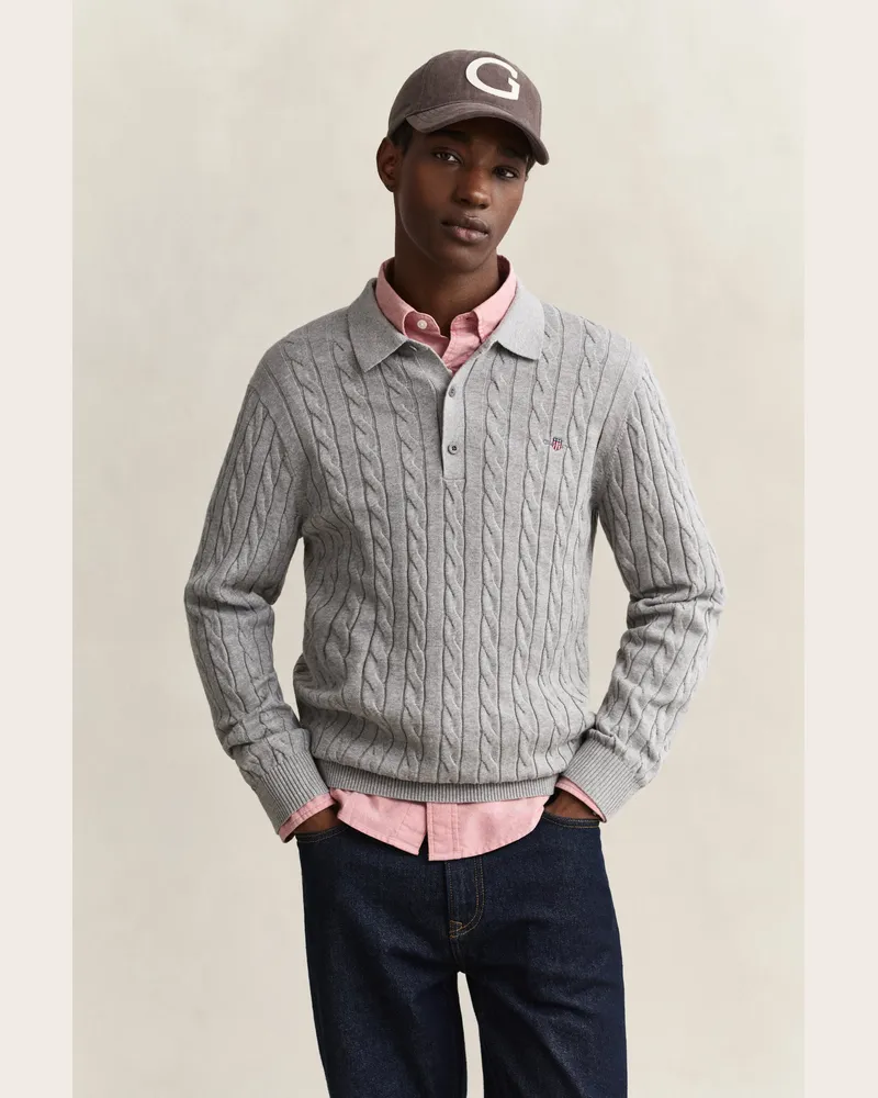 Gant Herren Zopfstrick Polopullover aus Baumwolle Grau MELANGE Grau