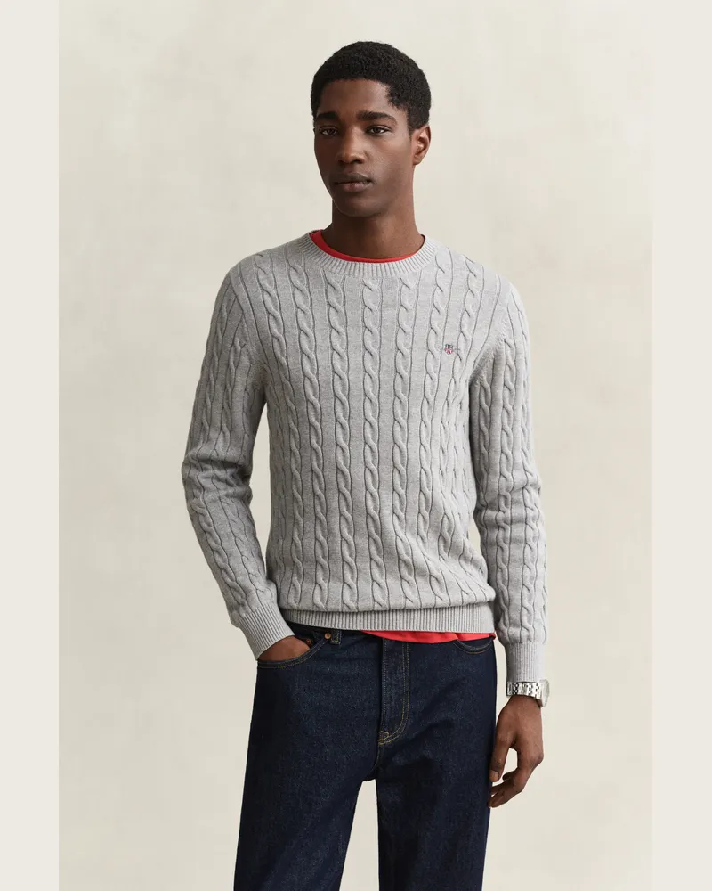 Gant Herren Classic Zopfstrickpullover Grau MELANGE Grau