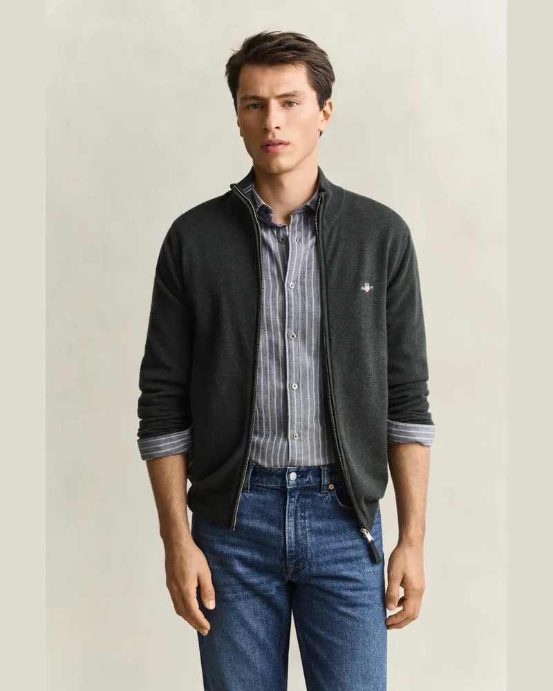 Gant Herren Strickjacke aus Lambswool mit Reißverschluss DARK MOSS Grün Dark