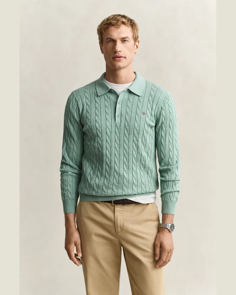 Gant Herren Zopfstrick Polopullover aus Baumwolle SOFT Grün MELANGE Soft
