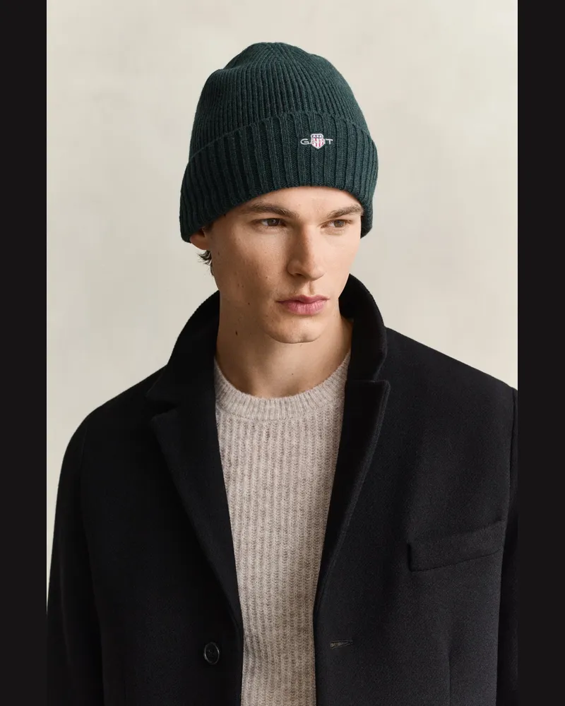 Gant Herren Shield Beanie aus Wolle TARTAN Grün Tartan
