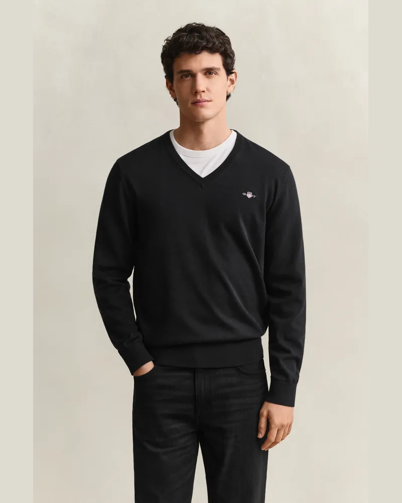Gant Herren V-Neck Pullover aus Baumwolle Schwarz Schwarz