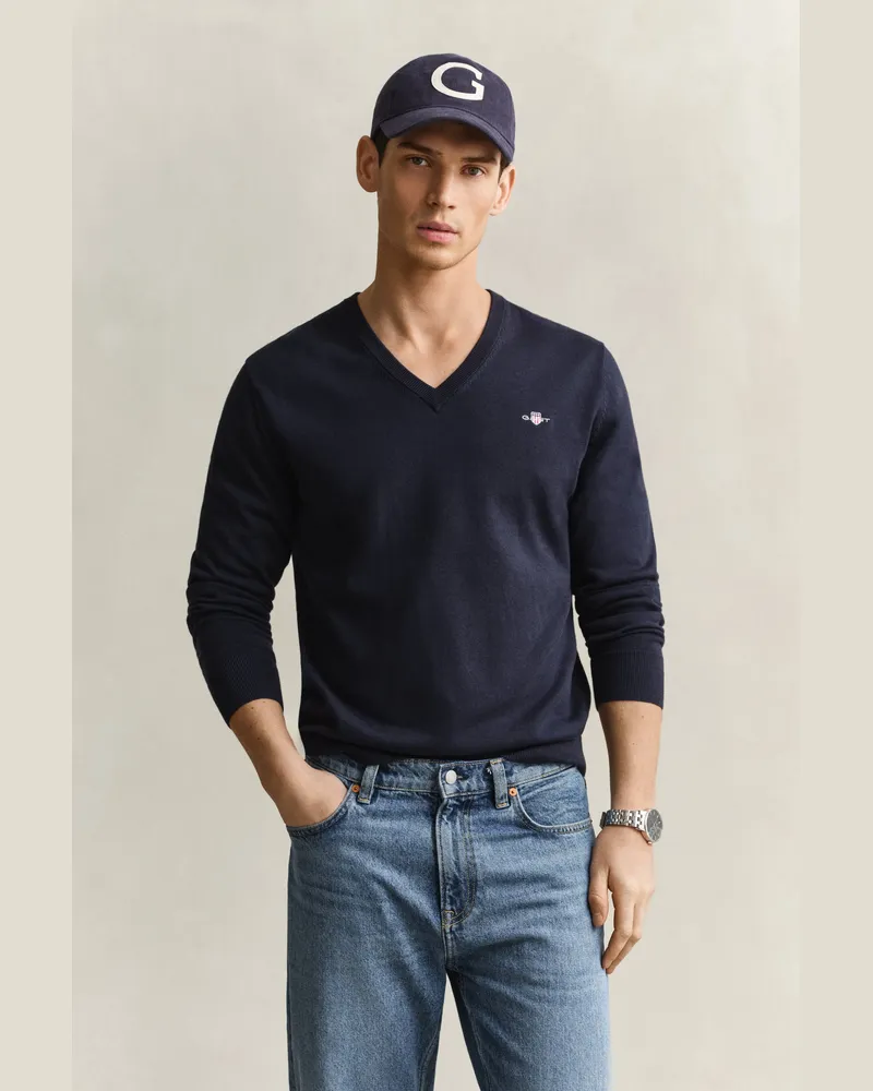 Gant Herren V-Neck Pullover aus Baumwolle EVENING Blau Evening