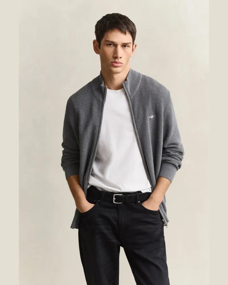 Gant Herren Strickjacke aus strukturierter Baumwolle mit Reißverschluss DARK Grau MELANGE Dark