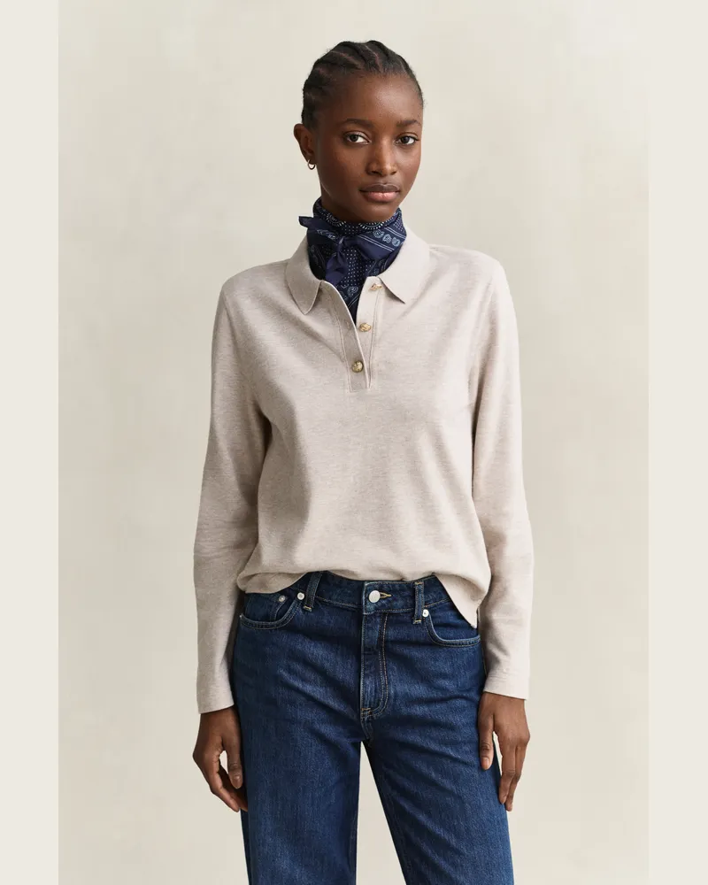 Gant Damen Langärmliges Piqué-Poloshirt LIGHT BEIGE MELANGE Light