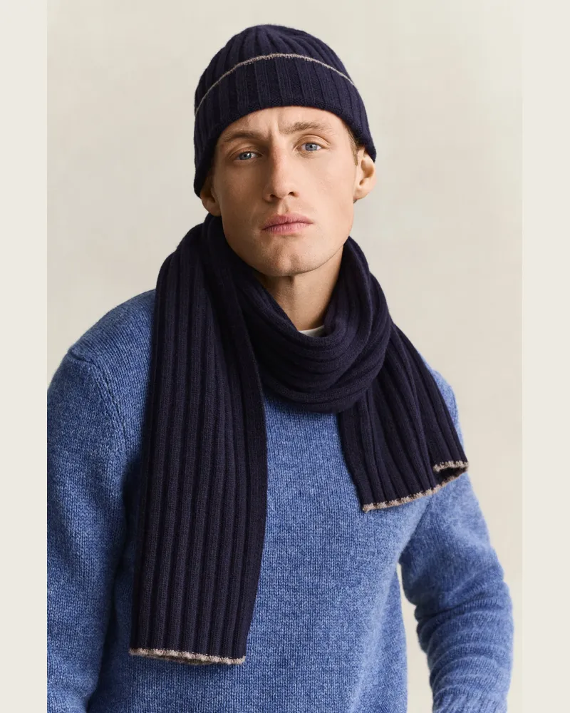 Gant Herren Schal und Beanie mit Randstreifen im Geschenkeset EVENING Blau Evening