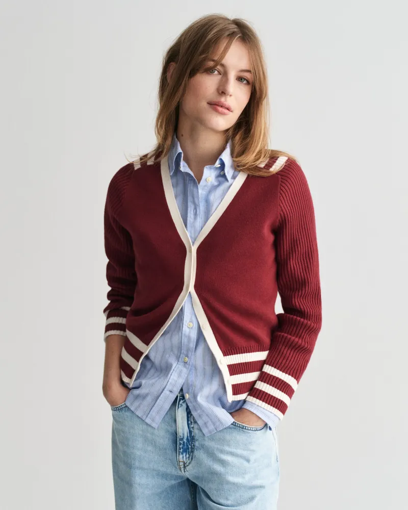 Gant Damen V-Neck Strickjacke mit Kontrastdetail 