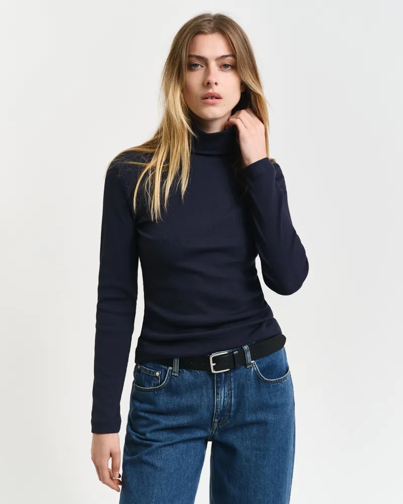 Gant Damen Geripptes Langarm-Rollkragenshirt 