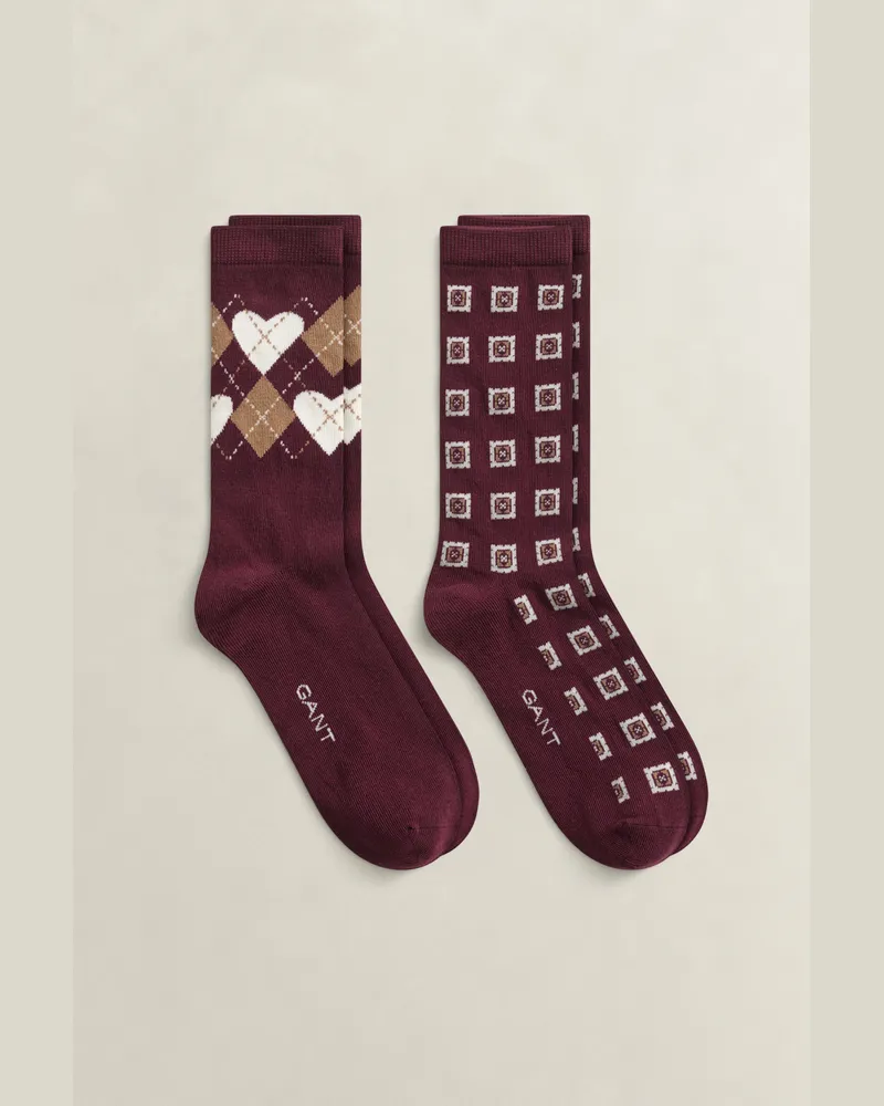 Gant Damen Zweierpack Socken mit Argyle-Herz in Geschenkbox DARKENED WINE Darkened