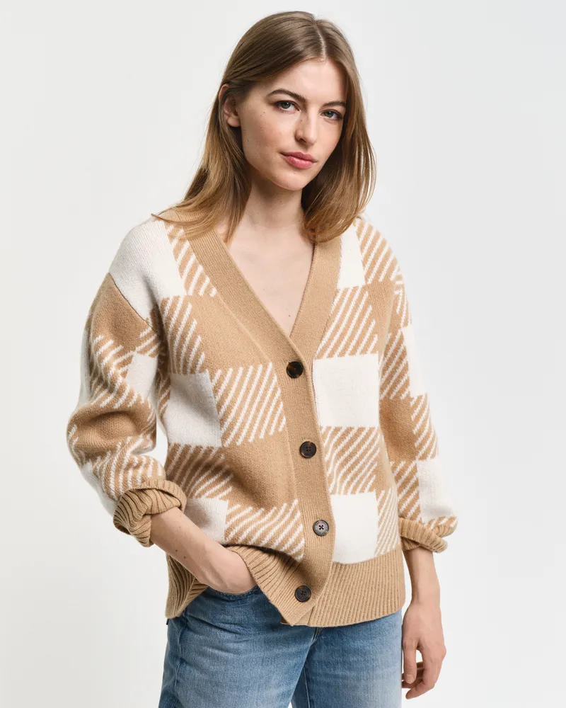 Gant Damen Buffalo Checked V-Neck Strickjacke 