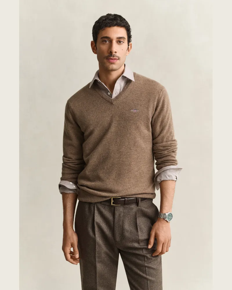Gant Herren V-Neck Pullover aus Lambswool LIGHT Braun MELANGE Light