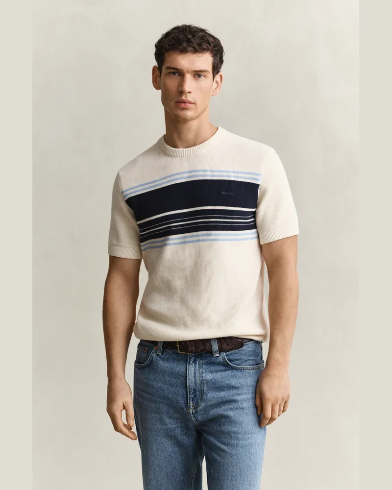 Gant Herren Gerippter Kurzarmpullover aus Baumwolle mit Streifen CREAM Cream