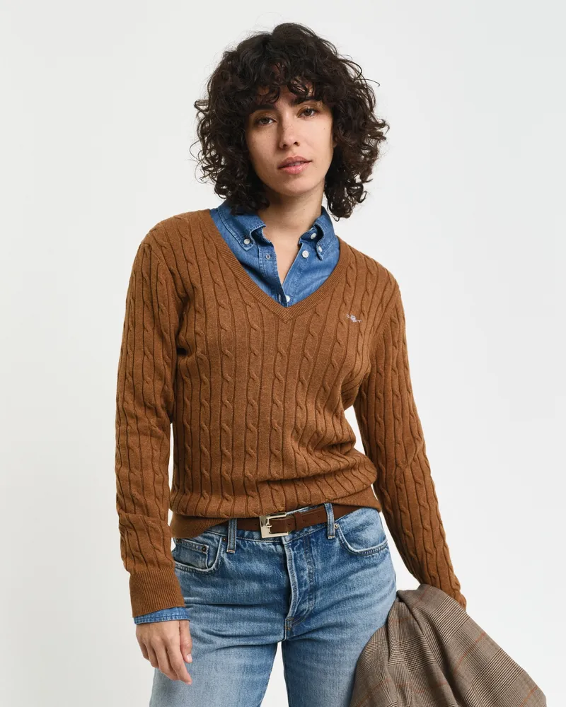Gant Damen Zopfstrick V-Neck Pullover aus Stretch-Baumwolle 