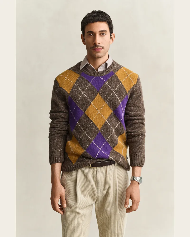 Gant Herren Argyle Rundhalspullover aus Noppengarn Braun MELANGE Braun