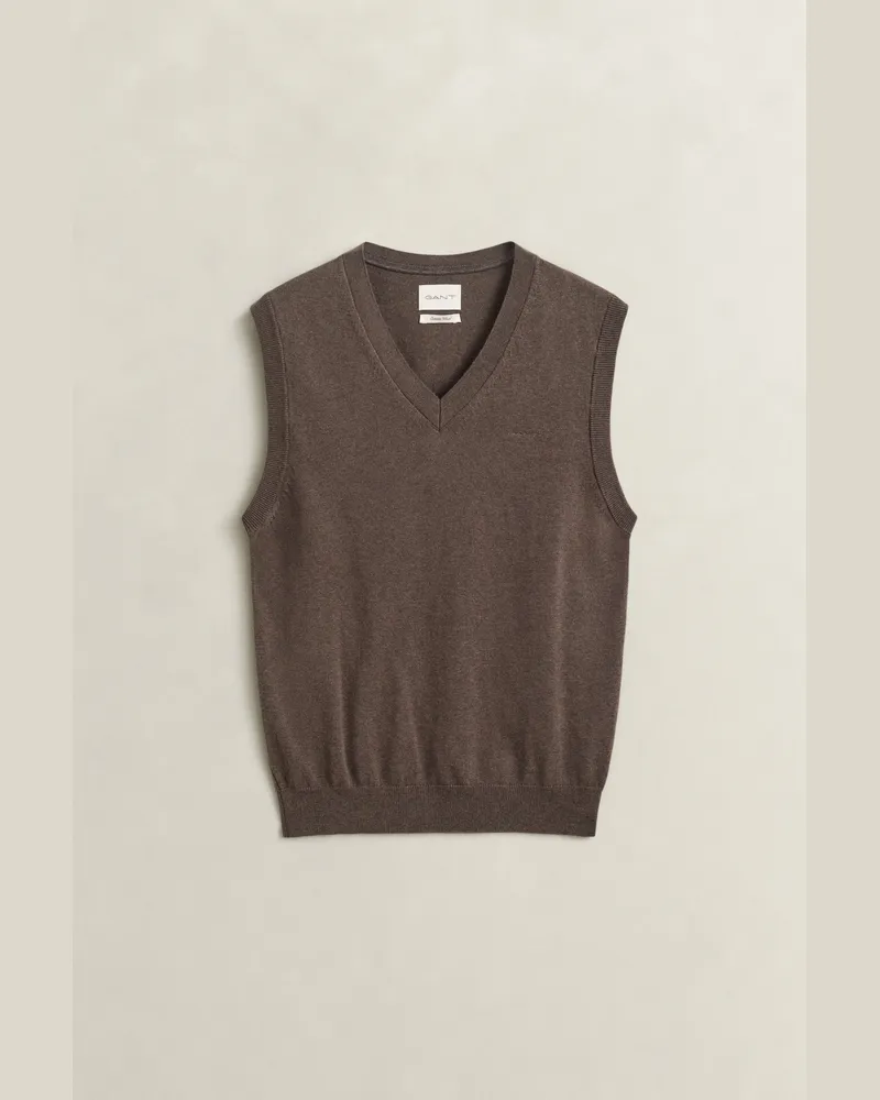 Gant Herren Pullunder mit V-Ausschnitt aus Baumwollmix Braun MELANGE Braun