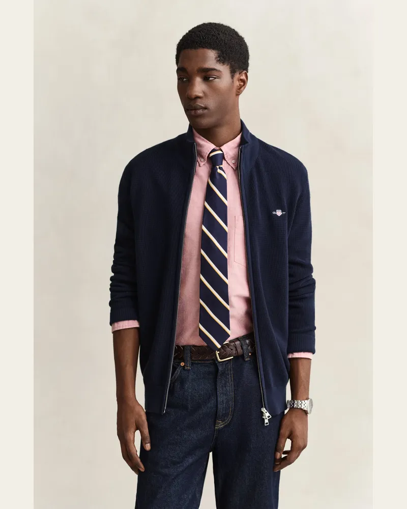 Gant Herren Strickjacke aus strukturierter Baumwolle mit Reißverschluss EVENING Blau Evening