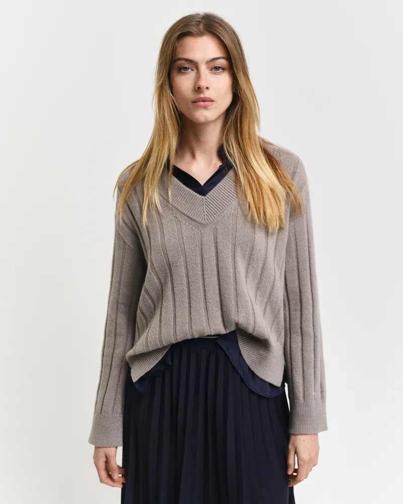 Gant Damen Breit gerippter V-Neck Wollpullover 