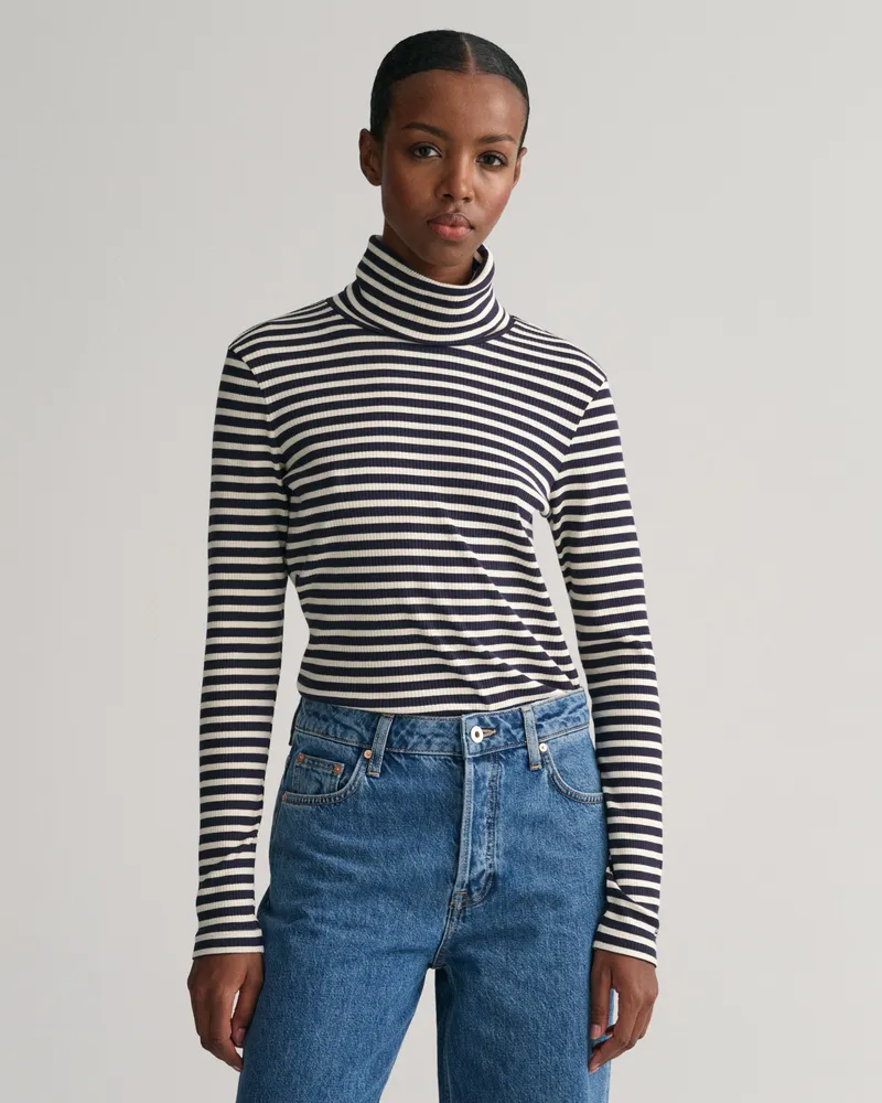 Gant Damen Geripptes Langarm-Rollkragenshirt mit Streifen 