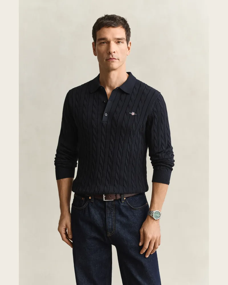 Gant Herren Zopfstrick Polopullover aus Baumwolle EVENING Blau Evening