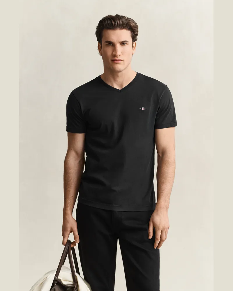 Gant Herren Shield V-Neck T-Shirt Schwarz Schwarz