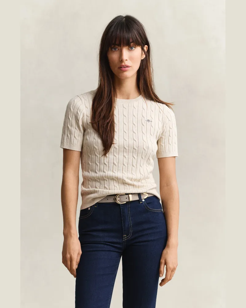 Gant Damen Kurzärmliger Zopfstrickpullover aus Baumwollstretch FADED BEIGE Faded