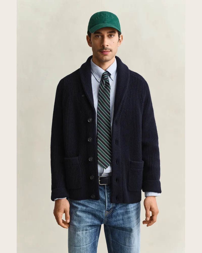 Gant Herren Gerippte Strickjacke aus Wollgemisch EVENING Blau Evening