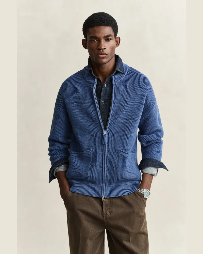 Gant Herren Gerippte Strickjacke aus Wolle mit Reißverschluss Blau HORIZON Blau