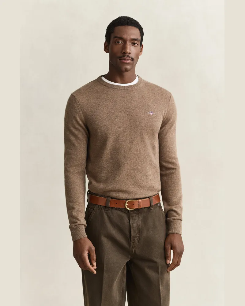 Gant Herren Rundhalspullover aus Lambswool LIGHT Braun MELANGE Light