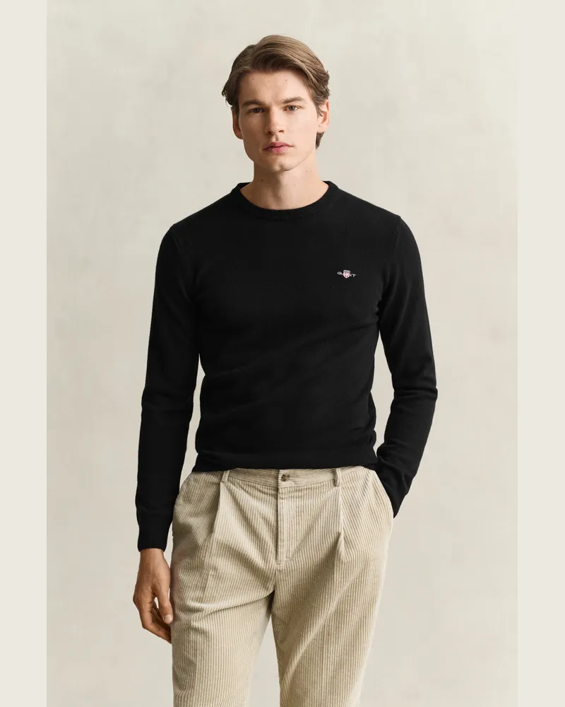 Gant Herren Rundhalspullover aus Lambswool Schwarz Schwarz