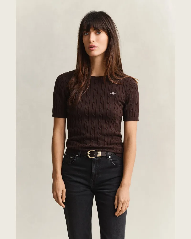 Gant Damen Kurzärmliger Zopfstrickpullover aus Baumwollstretch DEEP Braun Deep
