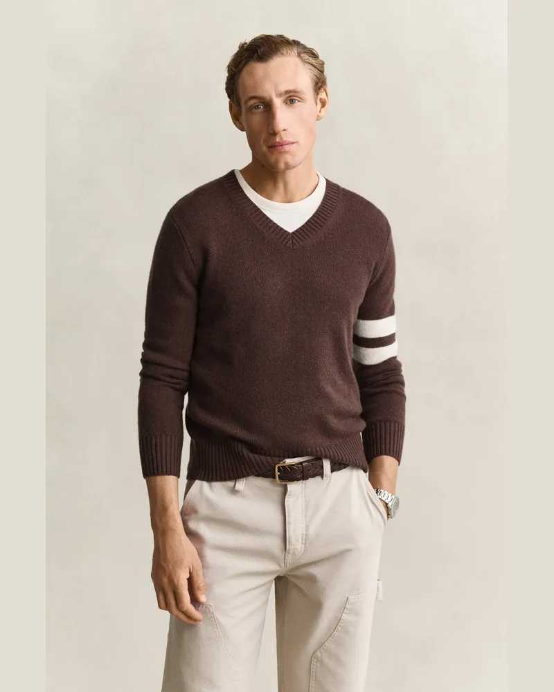 Gant Herren Gestreifter V-Neck Pullover aus Kaschmir Schwarz Braun Schwarz