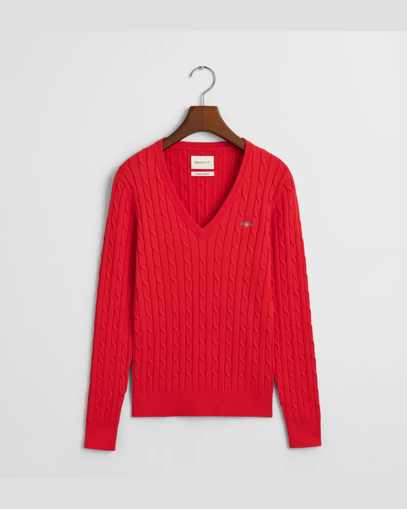 Gant Damen Zopfstrick V-Neck Pullover aus Stretch-Baumwolle 