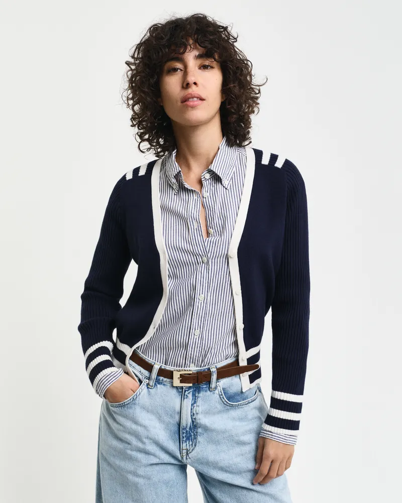 Gant Damen V-Neck Strickjacke mit Kontrastdetail 
