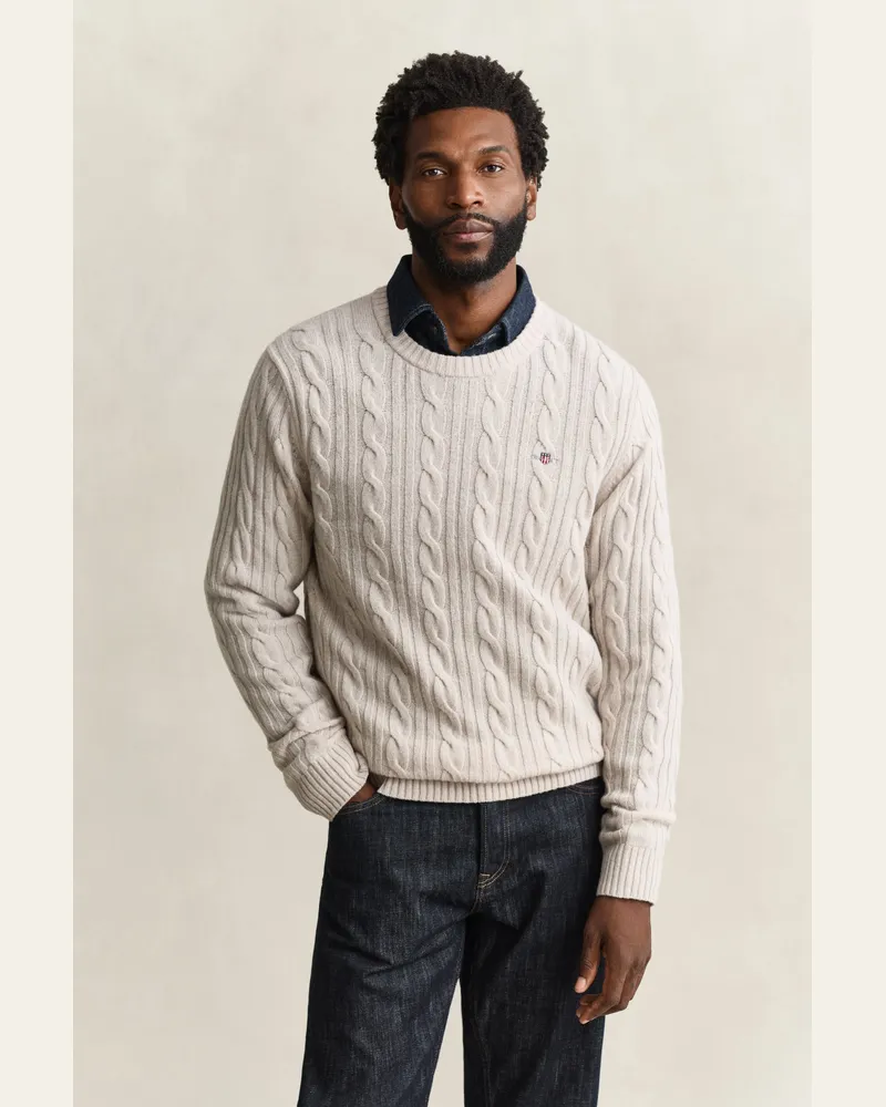 Gant Herren Lambswool Zopfstrick Rundhalspullover CLAY BEIGE Clay