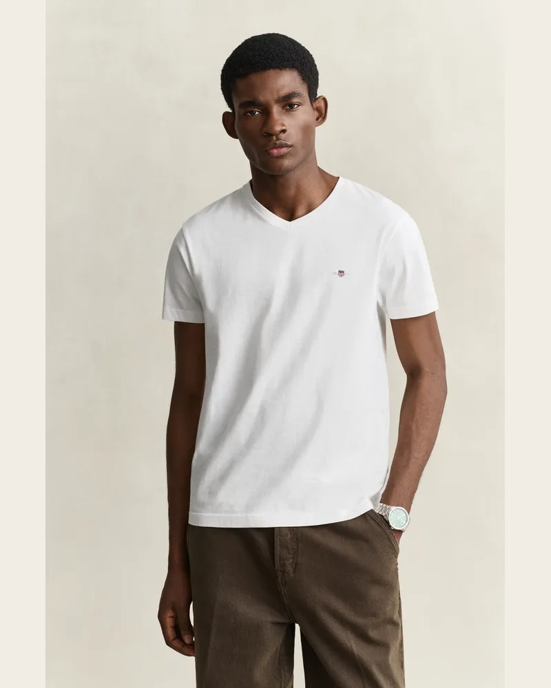 Gant Herren Shield V-Neck T-Shirt Weiß Weiß