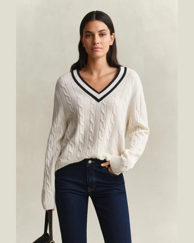 Gant Damen Zopfstrick Pullover aus Merinowolle CREAM Cream