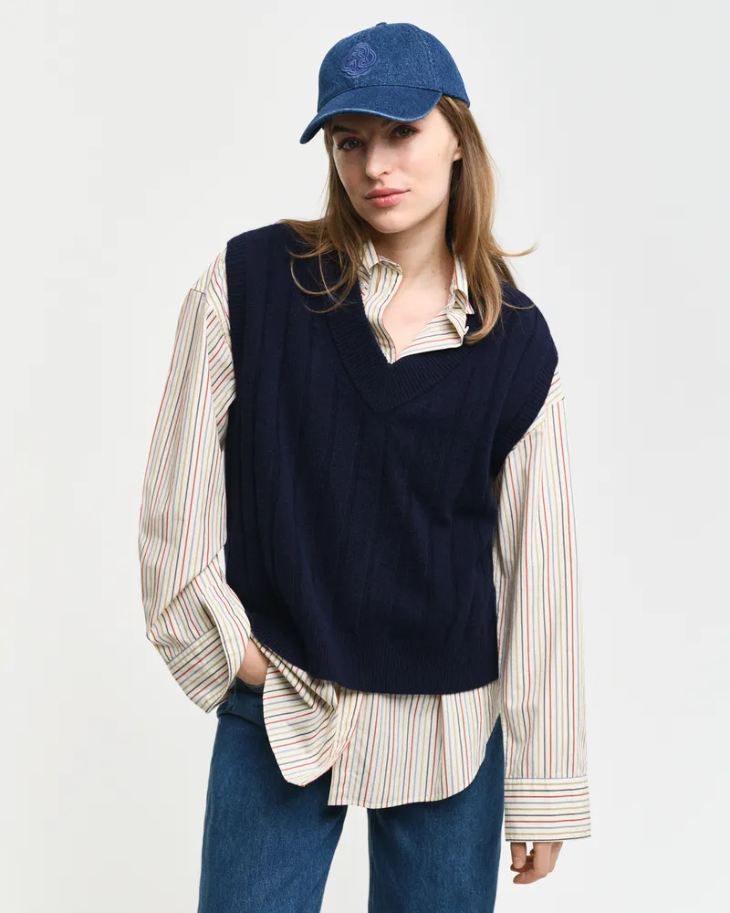 Gant Damen Breit gerippter V-Neck Wollpullunder 