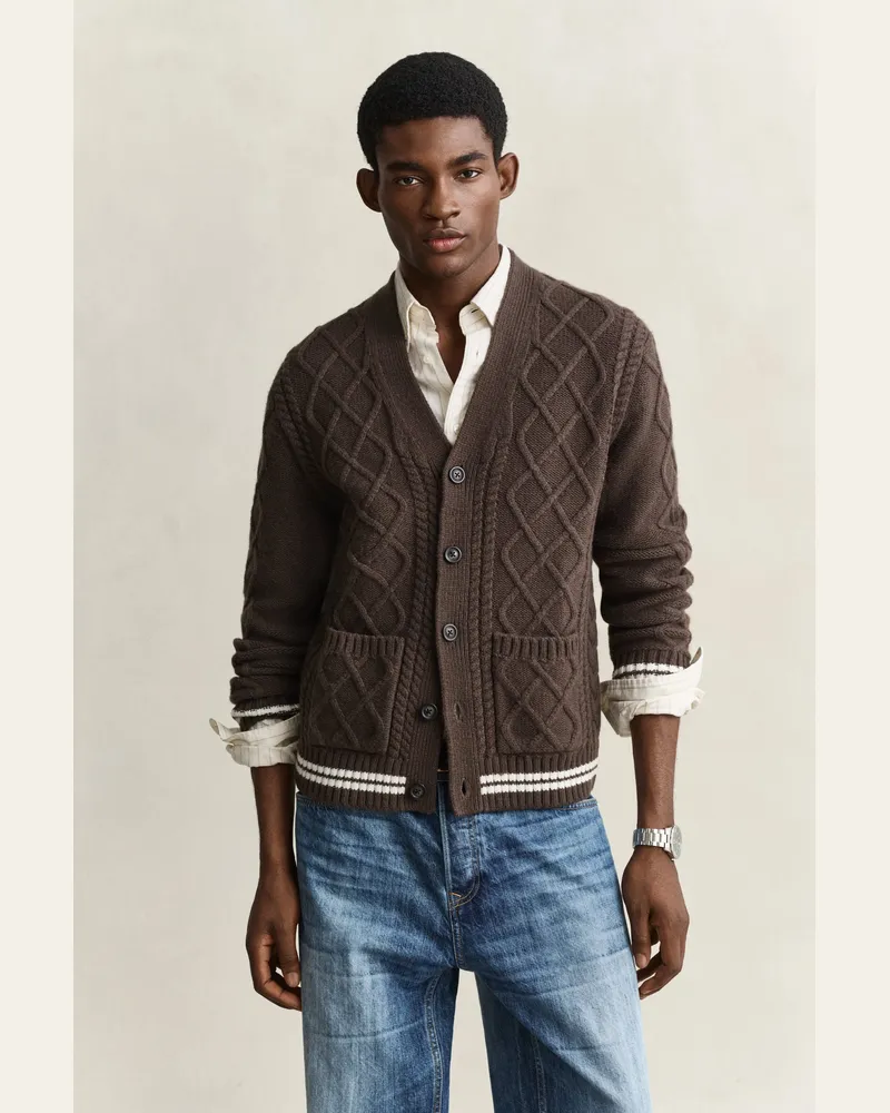 Gant Herren Strickjacke mit Zopfmuster aus Wollmix SHADOW Braun Shadow
