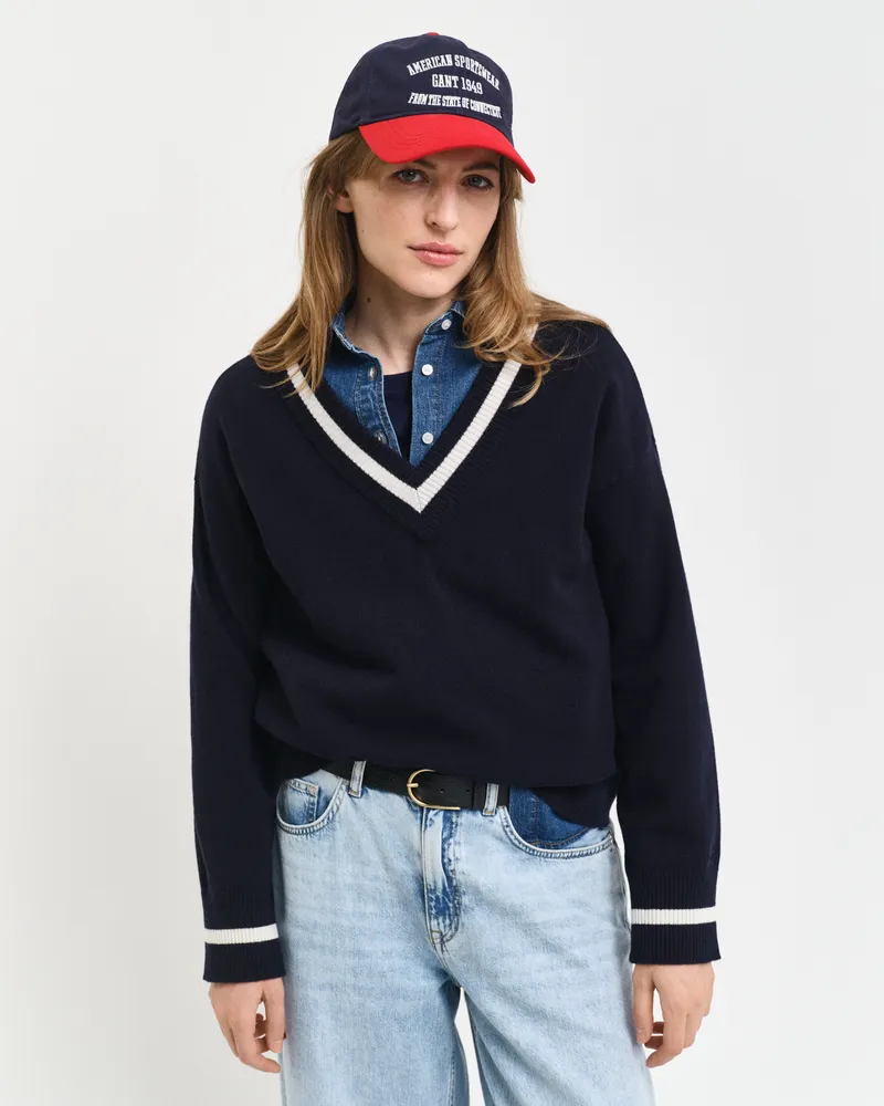 Gant Damen Superfine Lambswool V-Neck Pullover mit Kontrast 