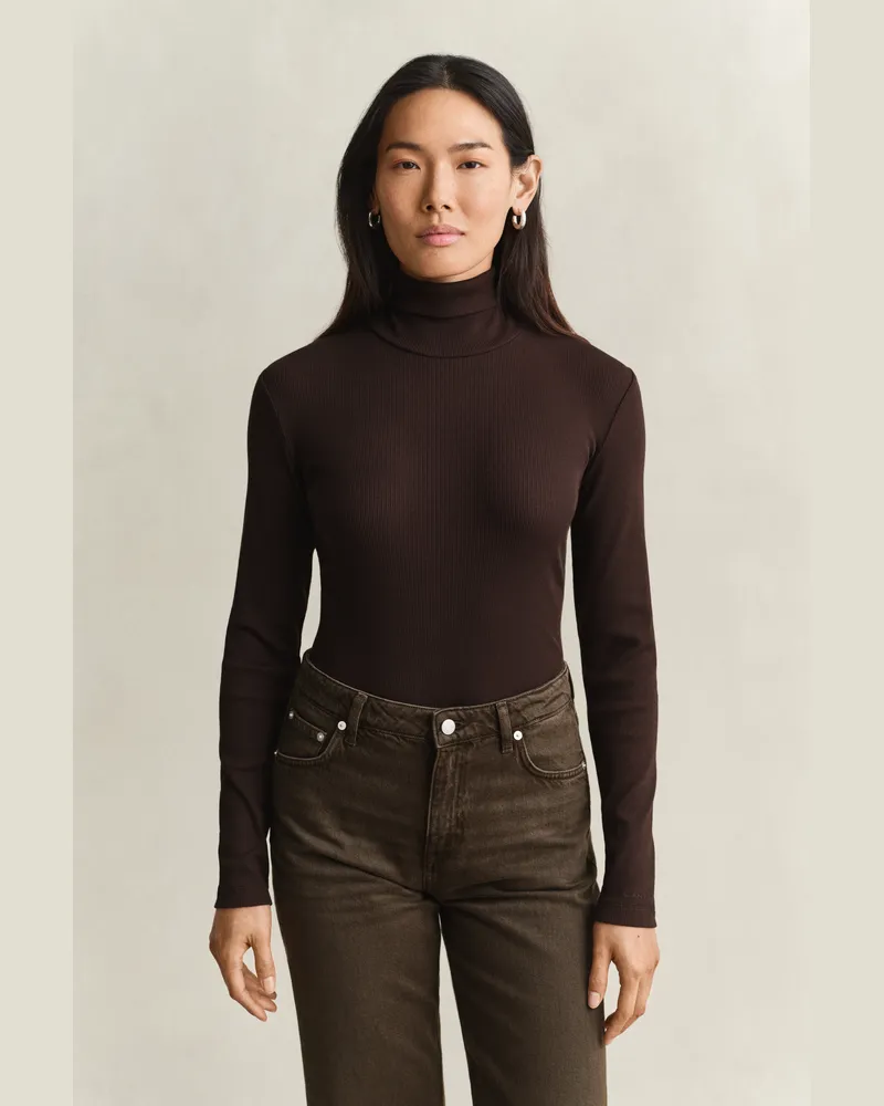 Gant Damen Geripptes Rollkragenshirt DEEP Braun Deep
