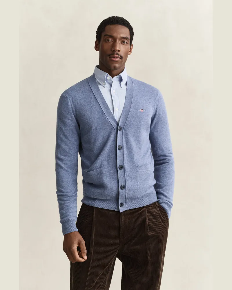 Gant Herren V-Neck Strickjacke aus Lambswool Blau HORIZON Blau
