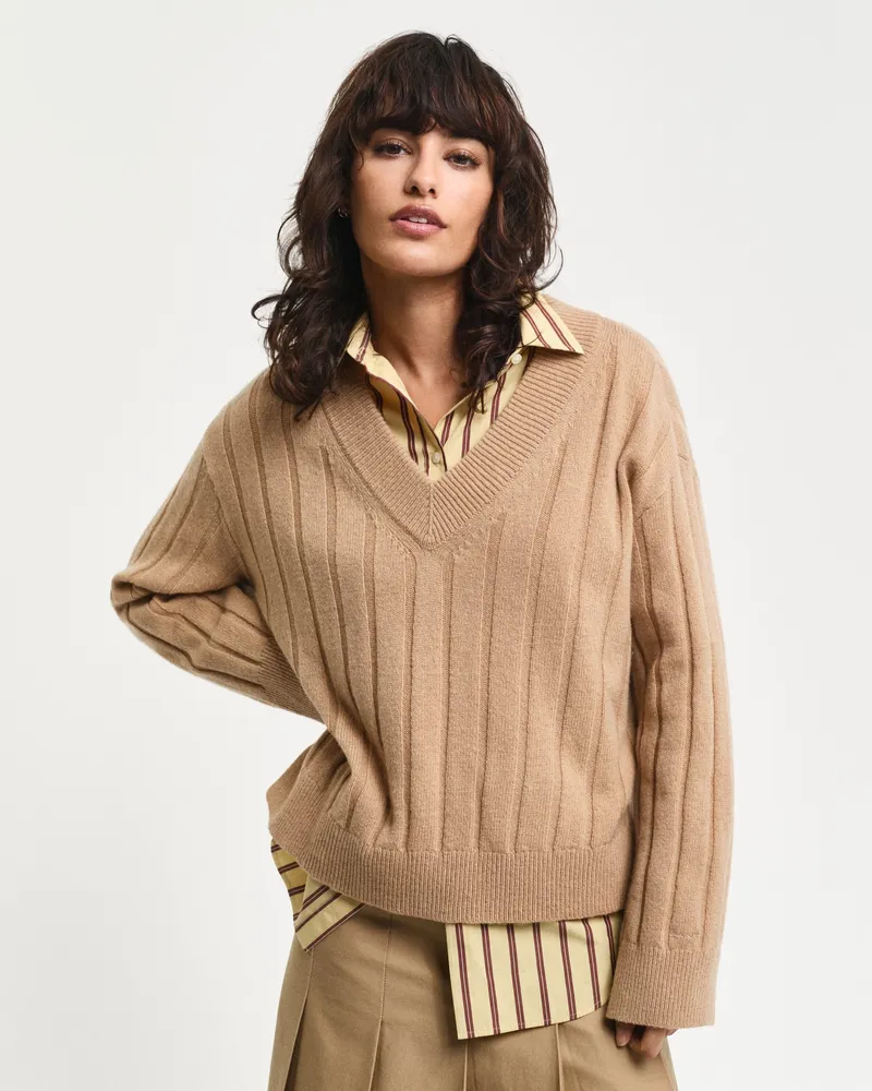 Gant Damen Breit gerippter V-Neck Wollpullover 